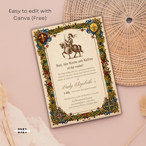 May include: A rectangular invitation card featuring a medieval-style border with blue, red, and gold floral patterns. The centre displays a knight on horseback and text reading: Hail, fair Lords and Ladies of the realm! Lady Elizabeth's 14th year.