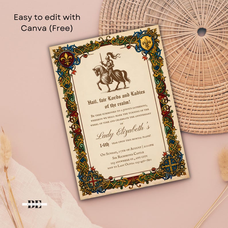 May include: A rectangular invitation card featuring a medieval-style border with blue, red, and gold floral patterns. The centre displays a knight on horseback and text reading: Hail, fair Lords and Ladies of the realm! Lady Elizabeth's 14th year.