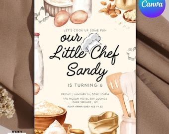 May include: A light yellow invitation with a watercolor illustration of baking supplies. The text reads "Let's cook up some fun our Little Chef Sandy is turning 6. Friday, January 16, 20XX | 06PM The Hilson Hotel Sky Lounge Park Square, NY RSVP Anna 0987 456 74 23"