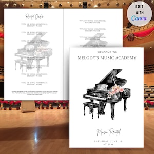 Peut inclure: Une affiche blanche avec du texte noir qui dit "Bienvenue à l'Académie de Musique Melody". Une illustration aquarelle en noir et blanc d'un piano à queue avec des accents floraux se trouve au centre de l'affiche. Le texte "Récital de musique" est écrit en cursive au bas de l'affiche. La date et l'heure du récital sont écrites sous le texte.