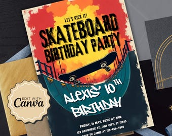 Könnte beinhalten: Eine Einladung zur Skateboard-Geburtstagsparty mit einem farbenfrohen Design. Die Einladung zeigt ein Skateboard auf einer Rampe, mit dem Text "Skateboard Birthday Party" und "Alexis' 10th Birthday". Die Einladung enthält auch Eventdetails.