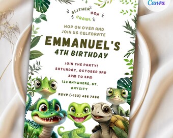 May include: Green and white birthday invitation with a jungle theme. The invitation features a cartoon crocodile, snake, turtle, and chameleon. The text on the invitation reads "Emmanuel's 4th Birthday" and includes details about the party, including the date, time, and RSVP information.
