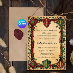 May include: A medieval-themed invitation with a red, green, and gold border. The invitation reads "Hail, fair Lords and Ladies of the realm!" and includes details for Lady Cassandra's 14th year anniversary celebration. The invitation is set against a parchment background with ivy vines.