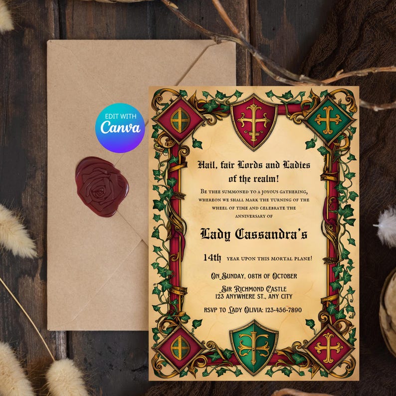 May include: A medieval-themed invitation with a red, green, and gold border. The invitation reads "Hail, fair Lords and Ladies of the realm!" and includes details for Lady Cassandra's 14th year anniversary celebration. The invitation is set against a parchment background with ivy vines.