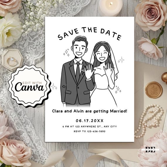 Save The Date Karte Digital Wedding Invitation Template - Hand Drawn Printable Evite, Modern Instant Download Card