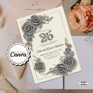 Convite para 25º aniversário de casamento - Cartões de casamento elegantes em prata, design moderno para impressão, convites para festa de 25º aniversário