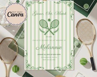 Tennis Birthday Party Invitation, Printable Tennis Theme Party Invite, Editable Tennis Celebration Invitation Template for Kids & Adults
