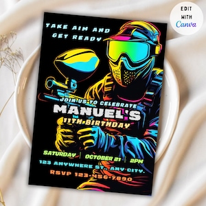 Paintball Invitation Editable Birthday Invitation Template, Printable Birthday Party Invitations, Digital Bday Party Invite Template