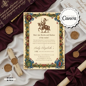 May include: An invitation with medieval theme. The invitation features a knight on horseback, ornate borders, and the text "Hail, fair Lords and Ladies of the realm!" The invitation is for Lady Elizabeth's 14th year celebration.