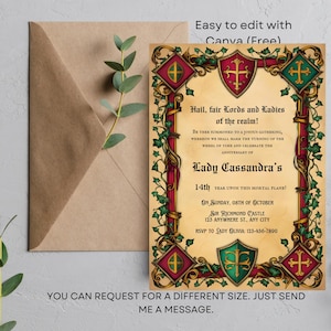 May include: A medieval-style invitation with a red and green border. The invitation reads "Hail, fair Lords and Ladies of the realm!" and includes details for Lady Cassandra's 14th anniversary. The invitation is designed to be edited using Canva.