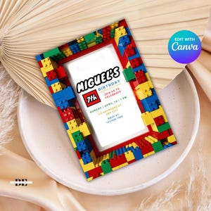 Convite de tijolos - Convite de aniversário personalizado com blocos de construção, convite exclusivo para festa de construção infantil, cartão com tema de tijolos para impressão
