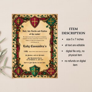 May include: A medieval-style invitation with a red and green border, featuring a shield with a cross. The text reads "Hail, fair Lords and Ladies of the realm!" and "Lady Cassandra's 14th year upon this mortal plane!" The invitation is 5 x 7 inches.