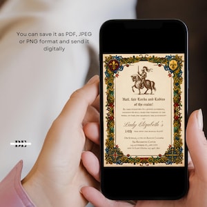 May include: A smartphone screen displaying a digital invitation with a medieval theme. The invitation features a knight on horseback, ornate gold, blue, and red floral borders, and black text announcing a gathering for Lady Elizabeth's 14th year.