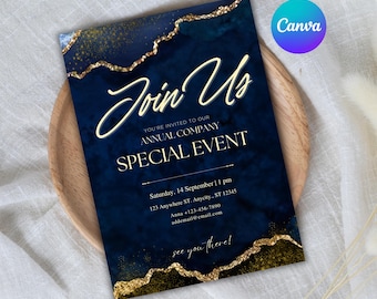 May include: A blue and gold invitation with a glittery background. The invitation reads "Join Us" and invites you to an annual company special event. The event is on Saturday, 14 September at 1 pm at 123 Anywhere ST, Anycity, ST 12345. The contact information is Anna +123-456-7890 and addemail@email.com.