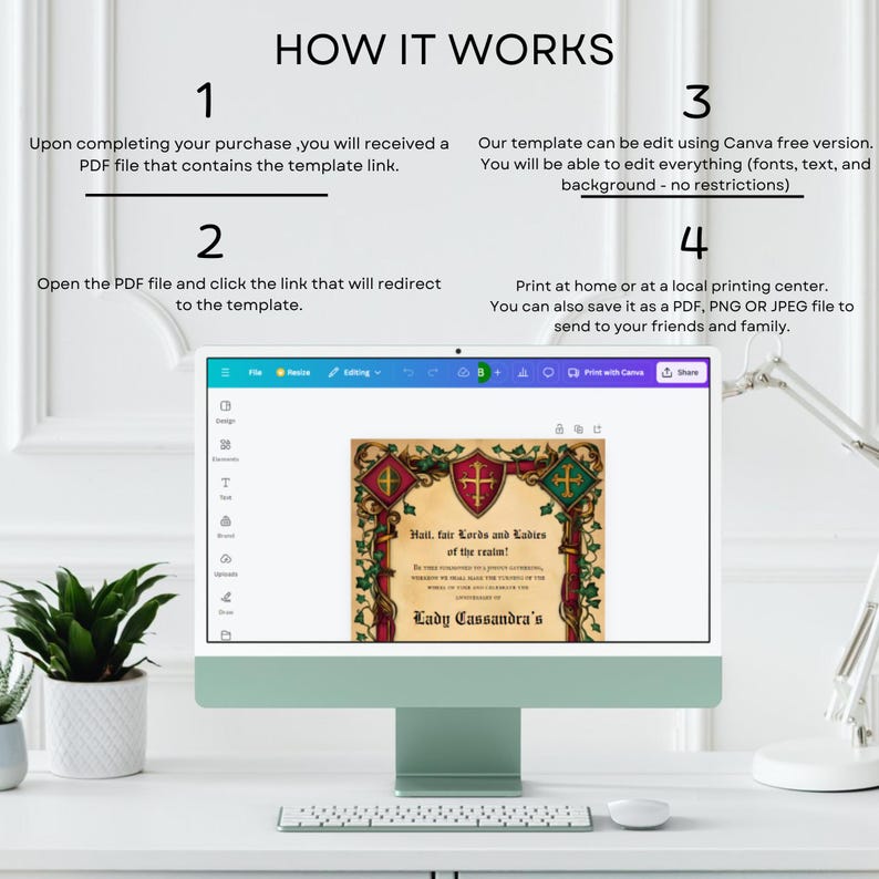 May include: A computer screen displaying a Canva design template for a medieval-themed event invitation. The template features a red and green shield with a cross, surrounded by ivy and the text "Hail, fair Lords and Ladies of the realm!" and "Lady Cassandra's".