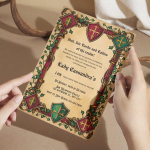 May include: A medieval-themed invitation with a red, green, and gold color scheme. The invitation features a crest with a cross and the text "Hail, fair Lords and Ladies of the realm!"  Be thee summoned to a joyous gathering, whereon we shall mark the turning of the wheel of time and celebrate the anniversary of Lady Cassandra's 14th year upon this mortal plane! On Sunday, 08th of October Sir Richmond Castle 123 Anywhere St., Any City RSVP to Lady Olivia: 123-456-7890
