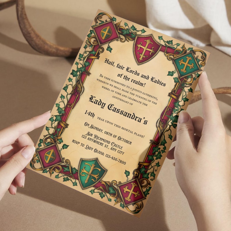 May include: A medieval-themed invitation with a red, green, and gold color scheme. The invitation features a crest with a cross and the text "Hail, fair Lords and Ladies of the realm!"  Be thee summoned to a joyous gathering, whereon we shall mark the turning of the wheel of time and celebrate the anniversary of Lady Cassandra's 14th year upon this mortal plane! On Sunday, 08th of October Sir Richmond Castle 123 Anywhere St., Any City RSVP to Lady Olivia: 123-456-7890