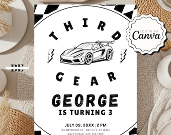 Third Gear Birthday Invitation, Race Car 3rd Birthday Invite, Shifting Into 3rd Gear Party, Editable Racing Theme Printable Invite Template