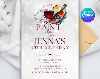 Sip and Paint Invite Editable Template -  Paint and Sip Invite Party Invitation, Wine and Paint Invitation, Paint and Sip Birthday Printable