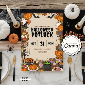 Può includere: Un invito per un potluck di Halloween con sfondo beige, con zucche, fantasmi e pipistrelli. Il testo recita "Halloween Potluck" con data e ora. Elementi decorativi: candele, ragni e illustrazioni di cibo.