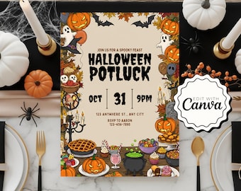 Halloween Potluck Einladung, Halloween Brunch Party einladen, Potluck Abendessen druckbare Einladung, bearbeitbare Halloween Party einladen Vorlage