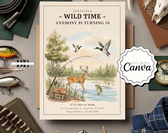 Hunting Birthday Invitation, Deer & Fishing Theme Party Invite, Outdoor Kids Birthday Celebration, Printable Hunt Party Invitation Template