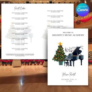 Può includere: Un poster bianco con un'illustrazione in bianco e nero di un pianoforte e un albero di Natale con ornamenti rossi. Il poster dice "Benvenuti alla Melody's Music Academy" e "Recital di musica Sabato 19 giugno alle 15:00".