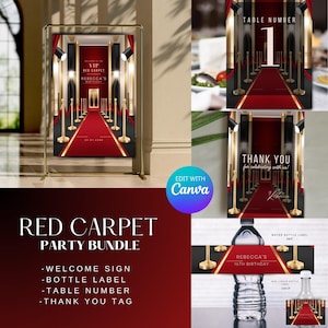 Red Carpet Party Bundle, Welcome Sign, Table Number and Thank You Card, Red Carpet Invite (Sold Separately) Printable Party Invite