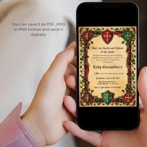 May include: A digital invitation for a medieval-themed party. The invitation features a red and green shield with a cross, surrounded by ivy and a scroll with the text "Hail, fair Lords and Ladies of the realm!" The invitation is for Lady Cassandra's 14th year upon the mortal plane, on Sunday, the 8th of October, at Sir Richmond Castle, 123 Anywhere St., Any City. RSVP to Lady Gluma: 123-456-7800.