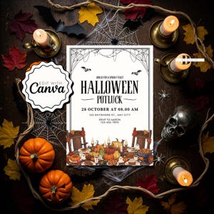 Può includere: Un invito a una cena di Halloween a tema spettrale. L'invito presenta il testo "Halloween Potluck" con data e ora, circondato da zucche, candele, pipistrelli e ragnatele. L'invito è su uno sfondo di legno.