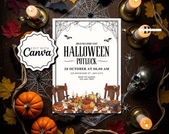 Halloween Potluck Einladung, Halloween Brunch Party einladen, Potluck Abendessen druckbare Einladung, bearbeitbare Halloween Party einladen Vorlage