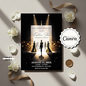 Può includere: Un volantino nero e oro per una sfilata di moda con la scritta "Fashion Show CHARITY EVENT". Il volantino include data, ora e luogo. L'immagine presenta modelle su una passerella con riflettori.