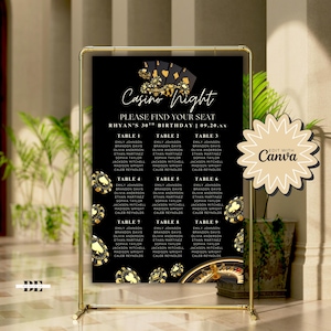 Puede incluir: Un plano de asientos con temática de casino en negro y dorado para una fiesta de 30 cumpleaños. El letrero presenta el texto "Casino Night" y una lista de nombres organizados por número de mesa. Fichas de póquer y naipes dorados decoran el letrero.