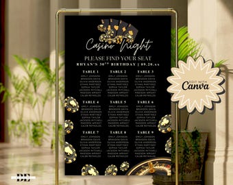 May include: A black and gold casino-themed seating chart for a 30th birthday party. The sign features the text "Casino Night" and a list of names organized by table number. Gold poker chips and playing cards decorate the sign.