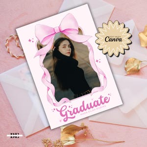 Pink Bow Graduation Invitation, Editable Girly Grad Party Invite, Aesthetic Senior Announcement, Pink Coquette Bow Photo Invite