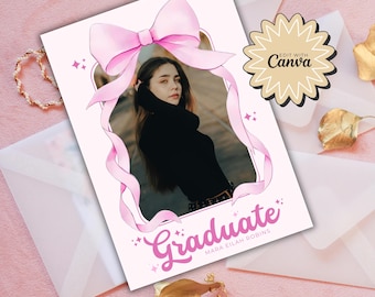 Pink Bow Graduation Invitation, Editable Girly Grad Party Invite, Aesthetic Senior Announcement, Pink Coquette Bow Photo Invite