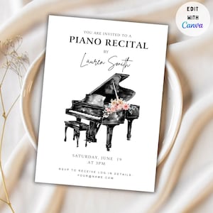 May include: A white invitation card with black text announcing a piano recital by Lauren Smith. The card features a black and white watercolor illustration of a grand piano with pink flowers.