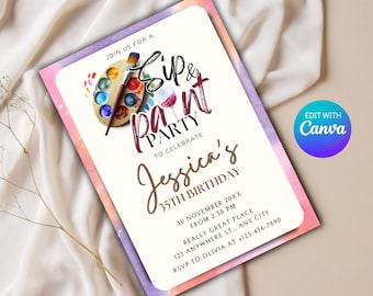 Sip and Paint Invite Editable Template -  Paint and Sip Invite Party Invitation, Wine and Paint Invitation, Paint and Sip Birthday Printable