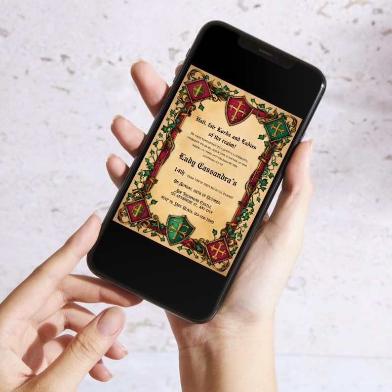 May include: A digital invitation with a medieval theme. The invitation features a parchment background with a red, green, and gold border. The text reads "Hall, fair Lords and Ladies of the realm!" and "Lady Cassandra's 14th Year Feast of Royal Planet." The invitation also includes a date, time, and location.