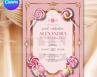 Puede incluir: Invitación de cumpleaños rosa con marco dorado e ilustraciones de piruletas coloridas. El texto dice "Únete a nosotros para una dulce celebración Alexandra cumple dos años. Domingo 22 de agosto a las 9 PM. 123 Anywhere st. Any City. ST 12345. RSVP: Estelle Darcy 123-456-7800"