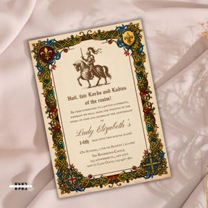 May include: A rectangular invitation card with a cream background and an ornate, colourful border featuring blue, green, and gold floral motifs. The centre displays a black illustration of a knight on horseback and text announcing Lady Elizabeth's 14th birthday.