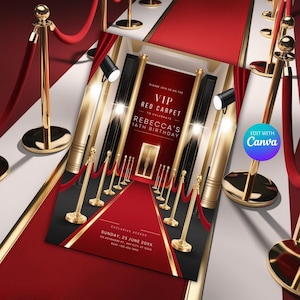 Roter Teppich einladen, Roter Teppich-Geburtstags-Einladung, Hollywood Thema einladen, Hollywood-Party einladen Druckbare Party Einladung