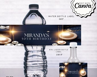 Etiqueta para botella de agua con diseño de mezclilla y perlas, etiqueta para botella de agua con diseño de mezclilla y diamantes, etiqueta para botella de agua con diseño de mezclilla, etiqueta para botella de agua con temática de fiesta de mezclilla