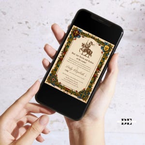 May include: A smartphone displaying a digital invitation with a medieval-style border featuring gold, red, and blue floral patterns. The text reads: Hail, fair Lords and Ladies of the realm! Lady Elizabeth's 14th, Sir Richmond Castle, August 20th.