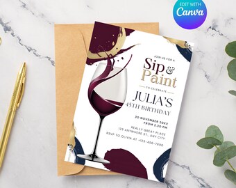 Sip and Paint Invite Editable Template -  Paint and Sip Invite Party Invitation, Wine and Paint Invitation, Paint and Sip Birthday Printable
