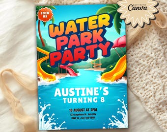 Water Park Invitation | Water Slide Theme Printable Invite for Fun Pool Party | Summer Splash Card, Printable Party Invite