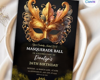 Masquerade Ball Invite, Masquerade Invitation, Masquerade Ball Editable Birthday Invitation, Printable Party Invitation, Masquerade Invite