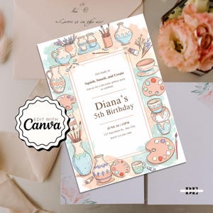 May include: A birthday party invitation with a pottery theme. The invitation features illustrations of pottery, paint palettes, and paintbrushes. The text reads "Diana's 5th Birthday" and includes event details. The Canva logo is visible.