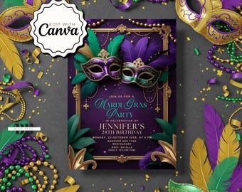 May include: A Mardi Gras party invitation with a purple and gold color scheme. The invitation features two decorative masks with feathers, the text "Mardi Gras Party", and event details. The design includes decorative elements like beads and feathers.