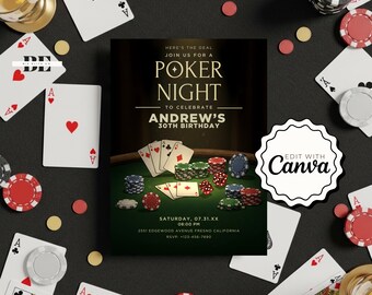 May include: Poker night invitation with playing cards, poker chips, and a glass of liquid on a black surface. The invitation reads "Poker Night to Celebrate Andrew's 30th Birthday". The invitation also includes the date, time, and location.